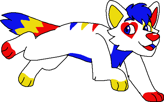 A white wolf with a colorful tail, hair, and paws.